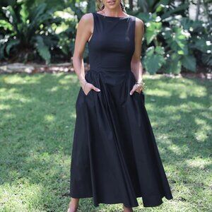 Helsa Stretch Cotton Sateen Black Midi Dress